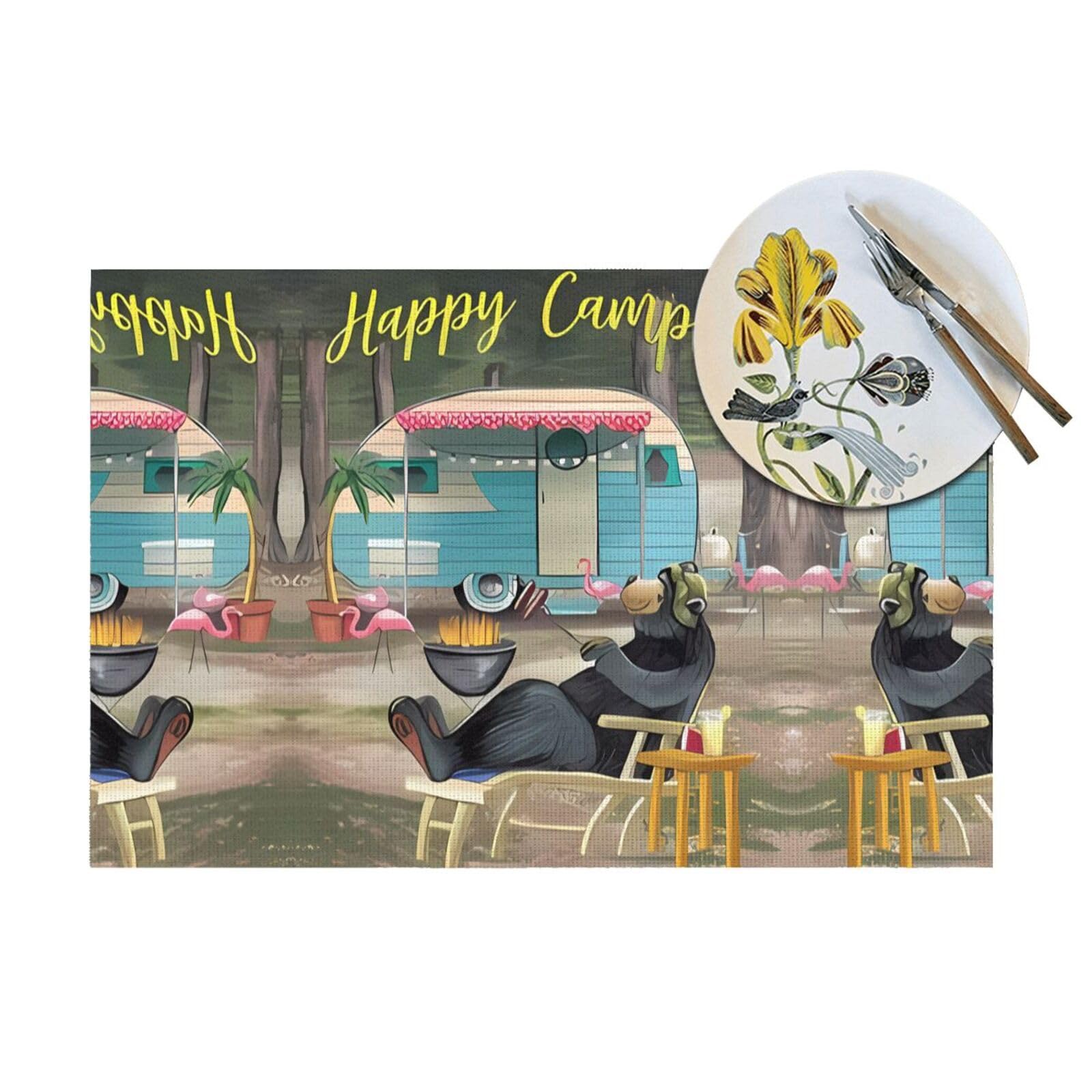 Juego de 6 manteles individuales tejidos con estampado Happy Camper, adecuado para decoración de restaurantes y cocina.