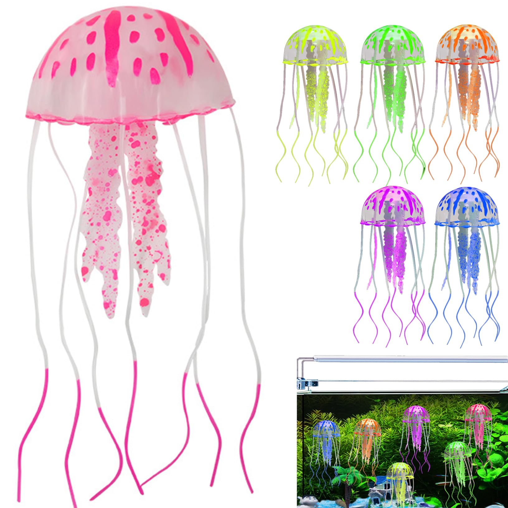 Nexfvor Jellyfish Decor 6PCS Floating Multicolor Luminous Jellyfish Tank Silicone Artificial Aquarium Ornaments with Suction Cup Lifelike Fish Tank Ornament