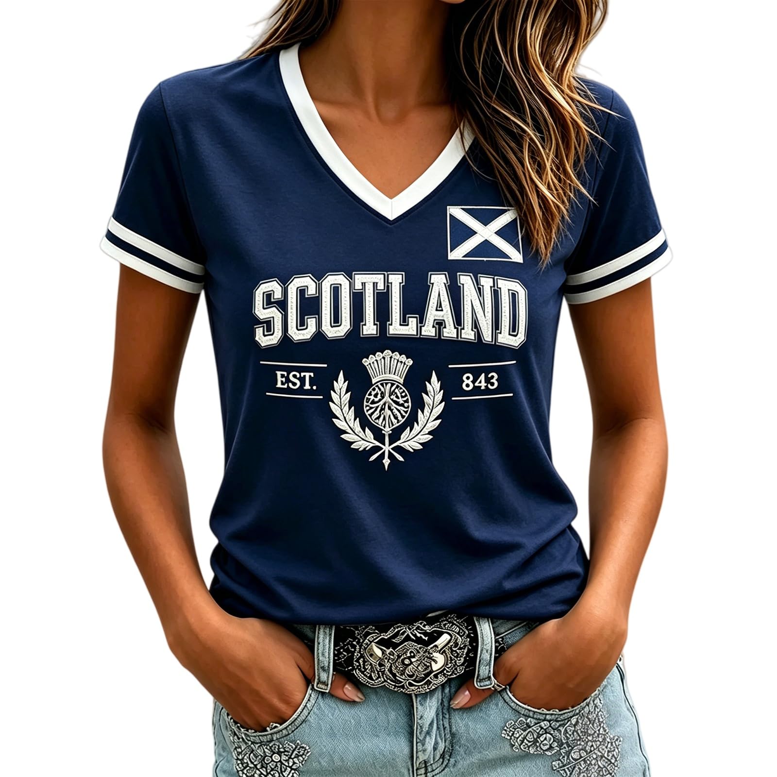 Scotland Football Shirt Womens World Cup 2026 Short Sleeve Jersey Retro Graphic Printed V-Neck England Football Fan Top Ladies Scotland T-Shirt Lightweight Breathable Summer Training Sports Clothing