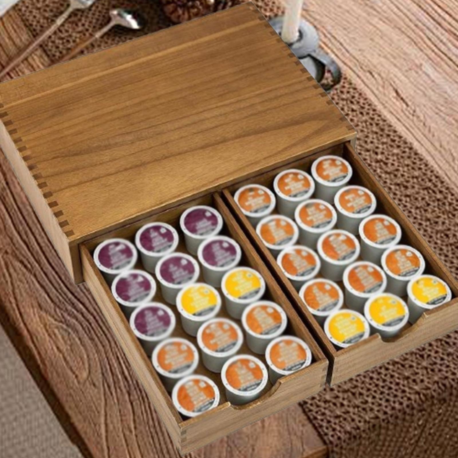 Qianly Porta Cialde di Caffè in Legno, Scatola Porta Cialde di Caffè, Organizer Multifunzionale per Bustine di Tè con Cassetto per Ufficio, Casa
