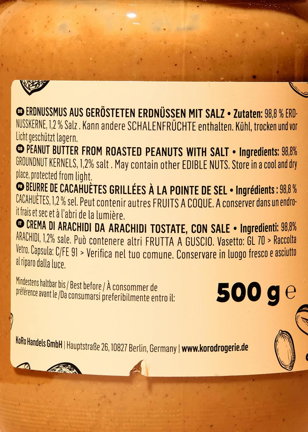 KoRo - Gesalzenes Erdnussmus 6 x 500 g - Vegan - Nussmus aus gerösteten Erdnüssen und einer Prise Salz - Ohne Palmöl und ohne Zuckerzusatz* - Proteinquelle