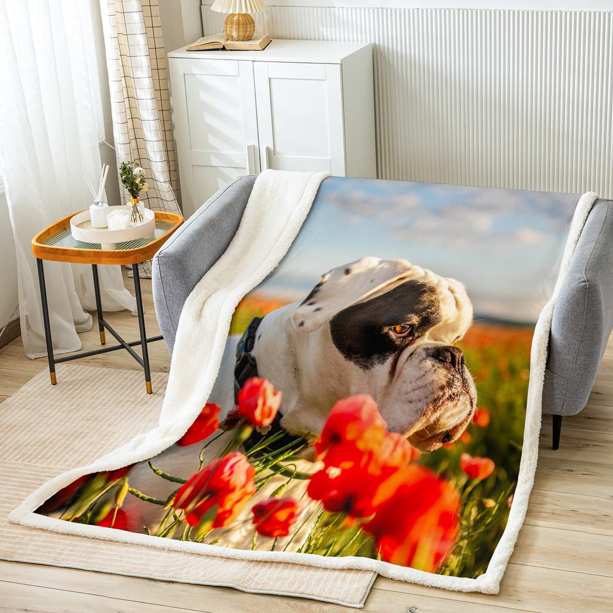 Loussiesd Pug Fleece Sherpa Blanket 3D Dog Floral Throw Blanket for Bed Sofa Kids Room Pet Animal Theme Fuzzy Blanket Garden Flower Plush Blanket 40x50 Inch