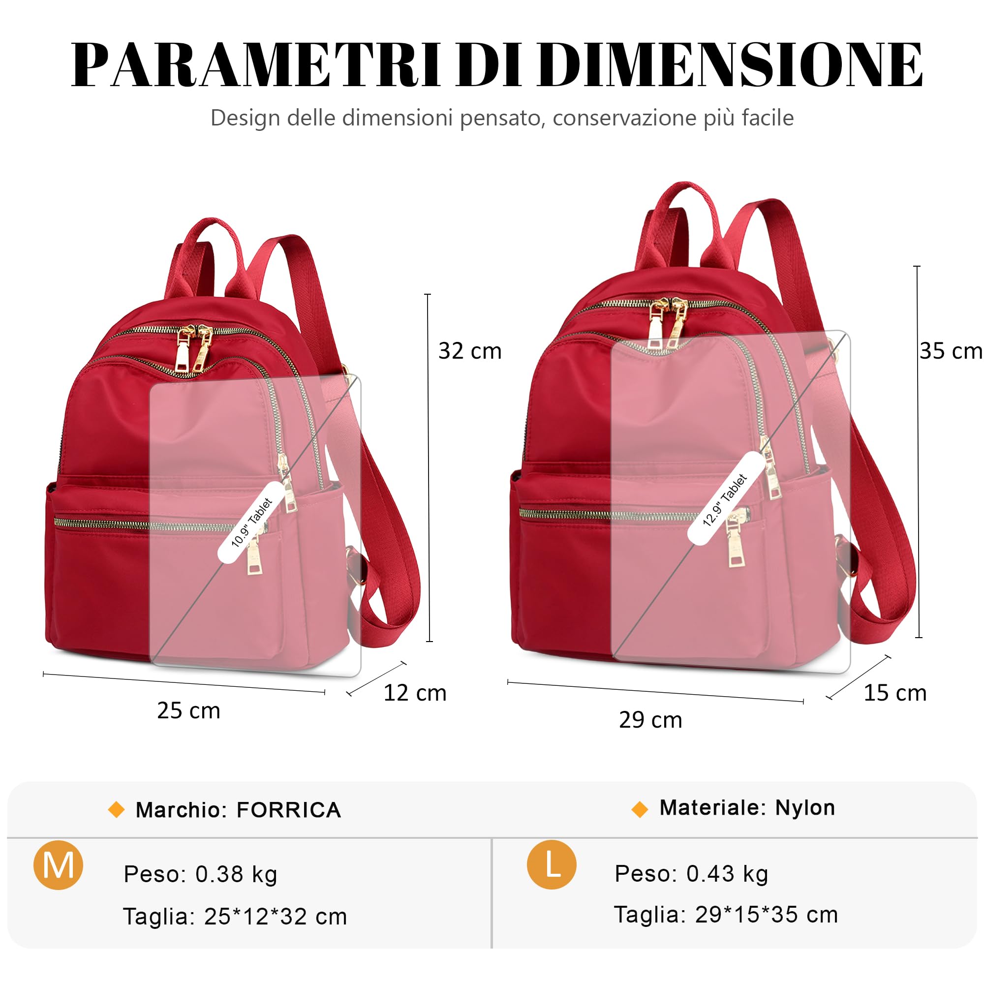 Zaino Donna in Nylon Leggero Multitasche – Zainetto Donna Casual per Città e Uso Quotidiano – Rosso Vino, Taglia L