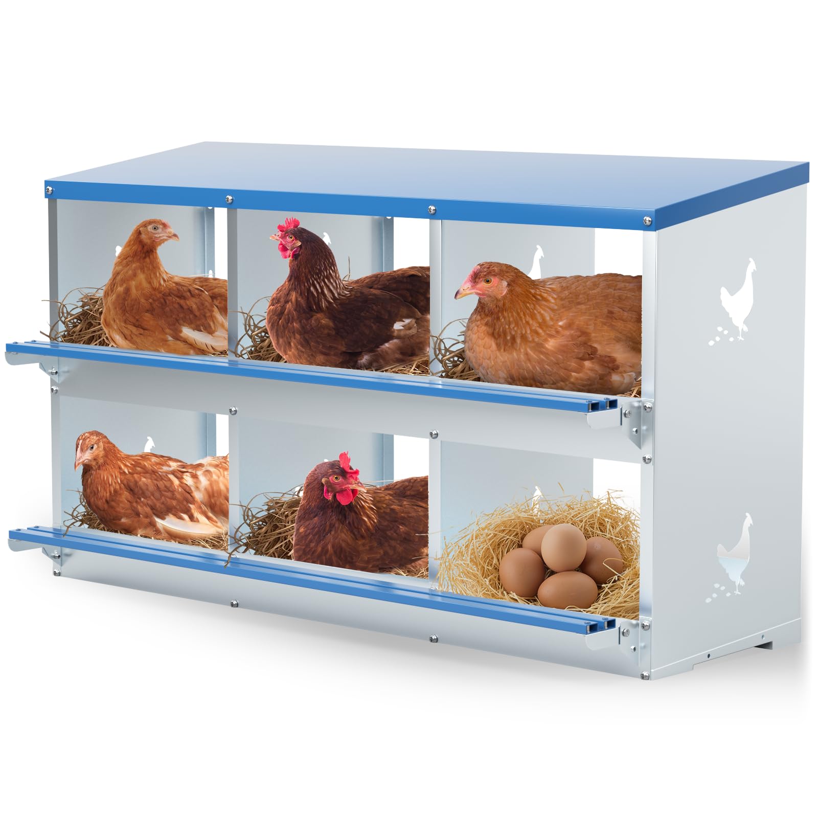 Chicken Nesting Box 6 Compartments Metal Laying Boxes for Chicken Hens Poultry Ducks Protect Eggs Chicken Coop Easy Egg Collection Wall Mount Nest Box for Chicken Coop