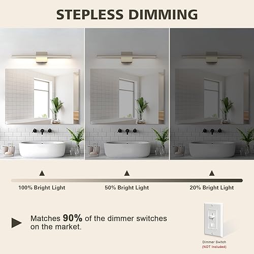 Miniatura 3 de JUSHENG Luces de tocador de níquel cepillado para accesorios de baño, 5CCT regulable, barra de luz LED de tocador para baño, 24 pulgadas, 24 W,