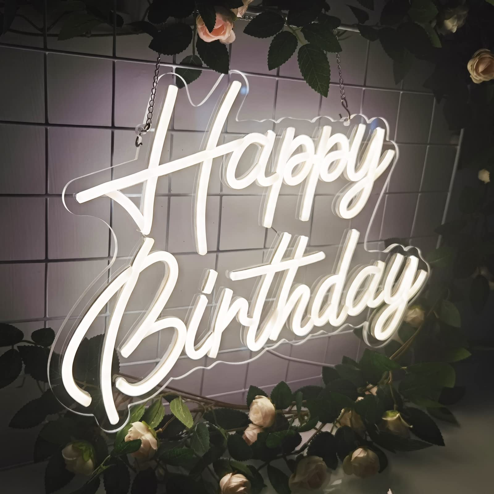 Feliz cumpleaños Señal de neón reutilizable cálido blanco led luz nocturna de neón Decoraciones de la fiesta de cumpleaños USB operado decorativo para la decoración de la pared de fondo 5v, 16.5""*11"