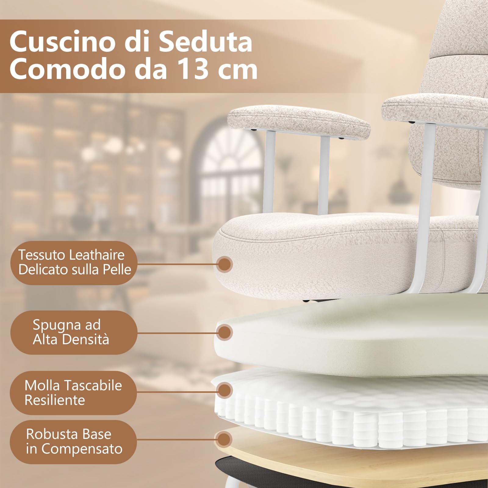 COSTWAY Sedia da Ufficio, con Schienale e Braccioli, Sedia Girevole Regolabile con Funzione a Dondolo e Ruote per Camera da Letto, Studio, Portata 150 kg (Bianco)