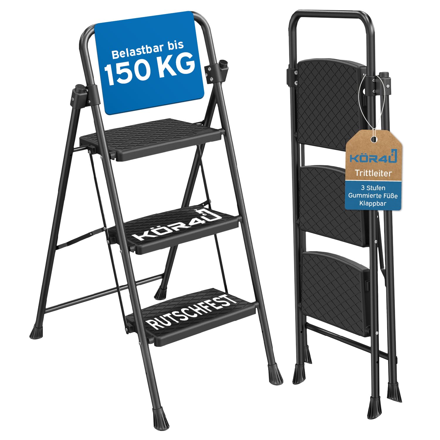 kör4u Trittleiter 3 Stufen - 150 kg belastbar - Standhöhe ca. 75 cm, klappbar, rutschfeste Stufen, Stahlrahmen, Haushaltsleiter, schwarz