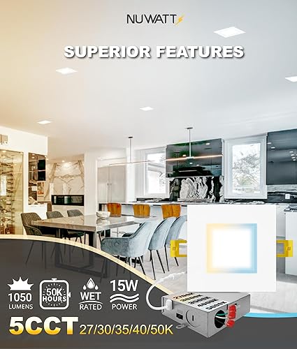 Miniatura 3 de NUWATT Paquete de 6 luces LED empotrables cuadradas ultrafinas de 6 pulgadas, seleccionables 2700 K/3000 K/3500 K/4000 K/5000 K, alto brillo 1050