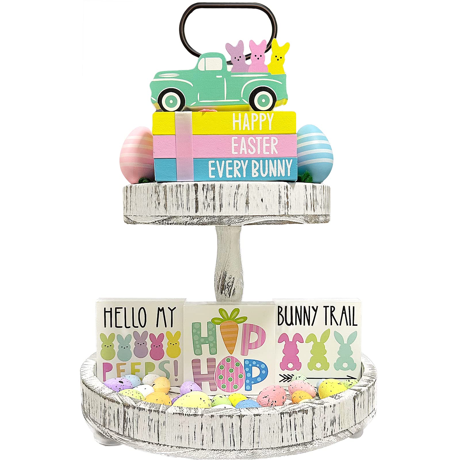 Easter Bunny Tiered Tray Decor - 3 Double Sided Faux Book Stack 3 Wooden Bunny Signs 1 Peeps Truck - Farmhouse Rustic Easter Decorations for Home Office Table Desk Room