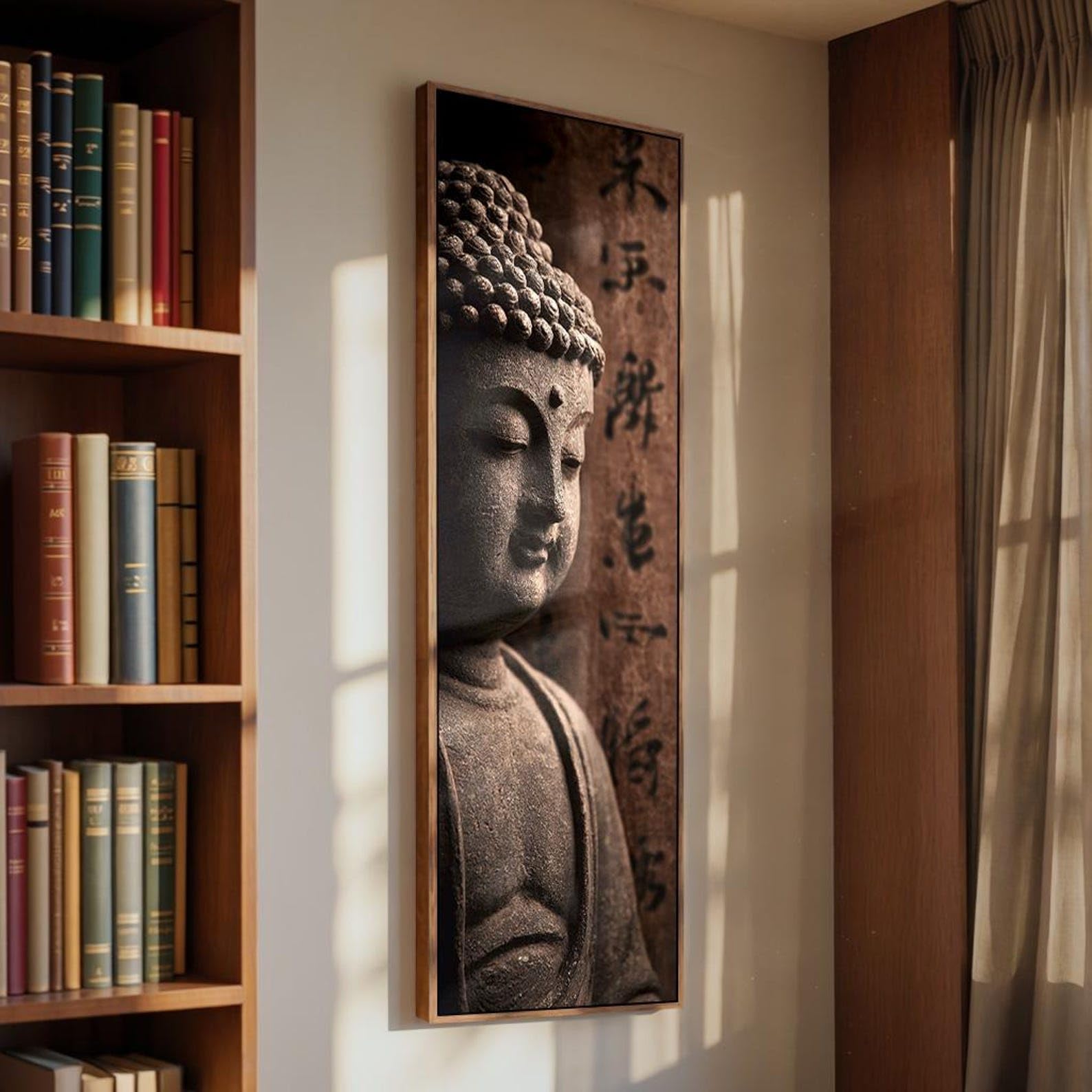 Xinbao Frameless Dark Buddha Canvas Print, Vertical Minimalist Zen Decor, Spiritual Buddha Portrait, Painting, Buddhist Wall Art Canvas(65X195cm/Frameless)