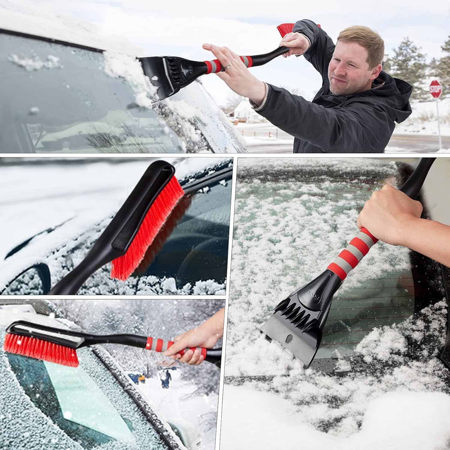FOVAL Raschietto per Ghiaccio da 68,6 cm (Confezione da 3), Raschietto per Ghiaccio Largo (Larghezza 12 cm), Spazzola per Rimuovere la Neve con Comoda Impugnatura in Schiuma per Auto, Camion, SUV,