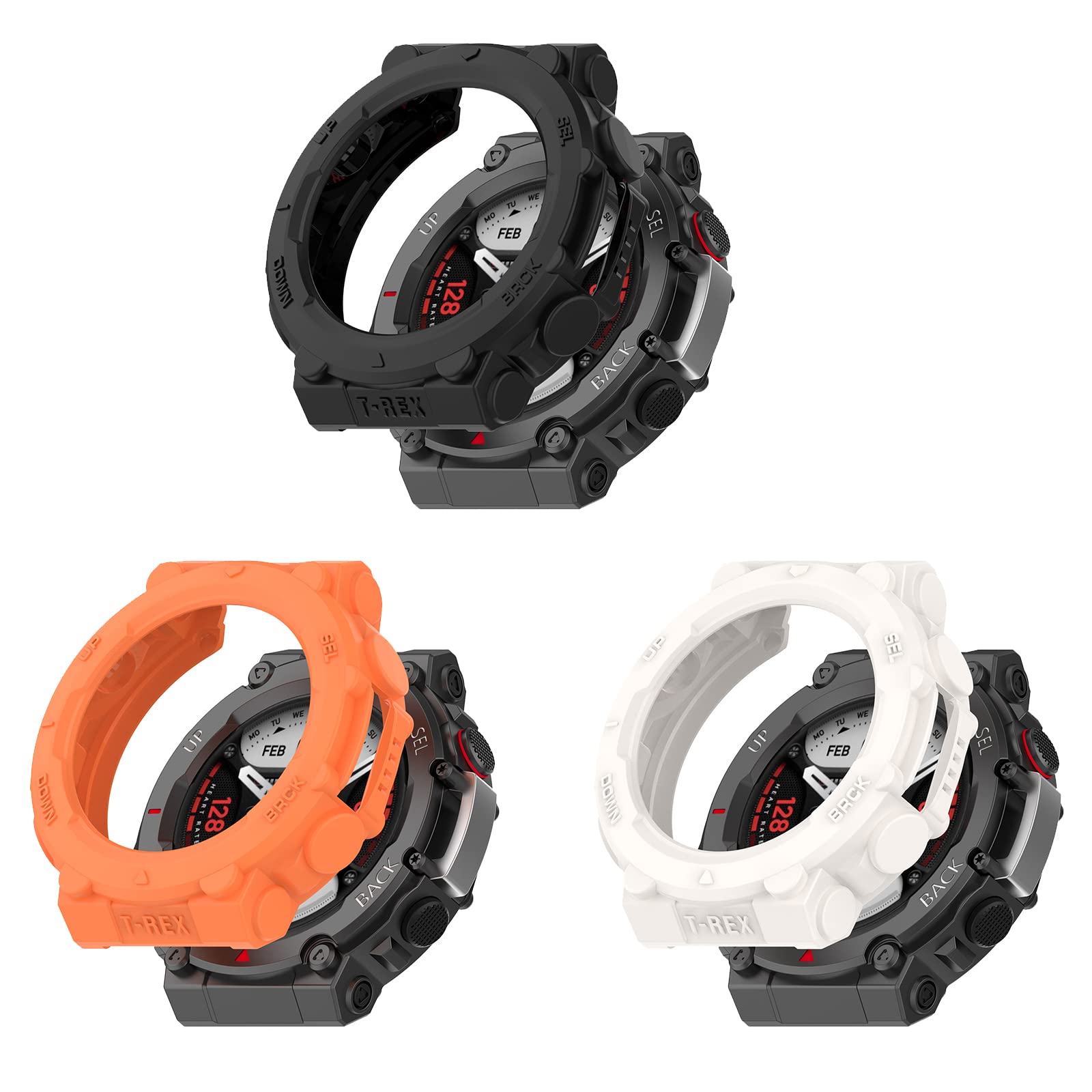 Protective Case Compatible for Amazfit T-Rex 2 Case Cover Bumper Shell TPU Anti-Scratch Frame for Amazfit T-Rex 2 T-Rex2 Smart Watch Accessories Coverage Protector (Black/White/Orange)