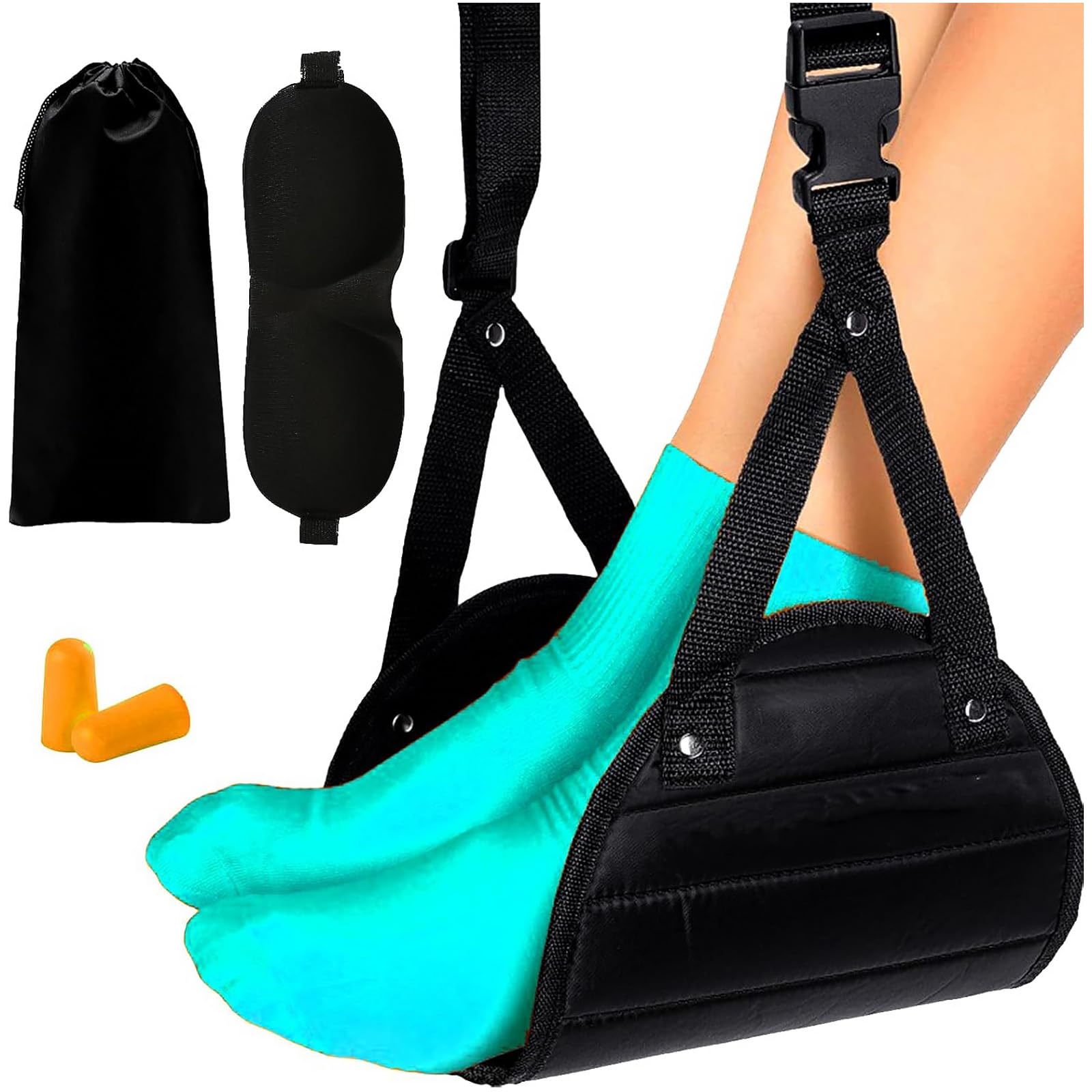 Airplane Foot Hammock – Hanging Foot Sling for Plane Travel, Adjustable 3-Position Foot Rest for Long Flights, Travel Comfort Kit with Eye Mask & Earplugs