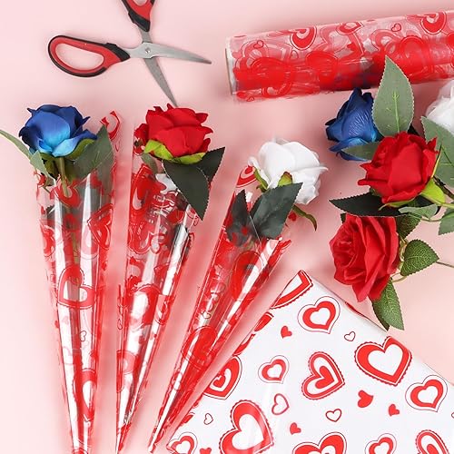 Miniatura 7 de JOFONY Envoltura de celofán para el día de San Valentín, 98 pies de largo x 31 pulgadas de ancho, transparente con corazones rojos, papel de regalo