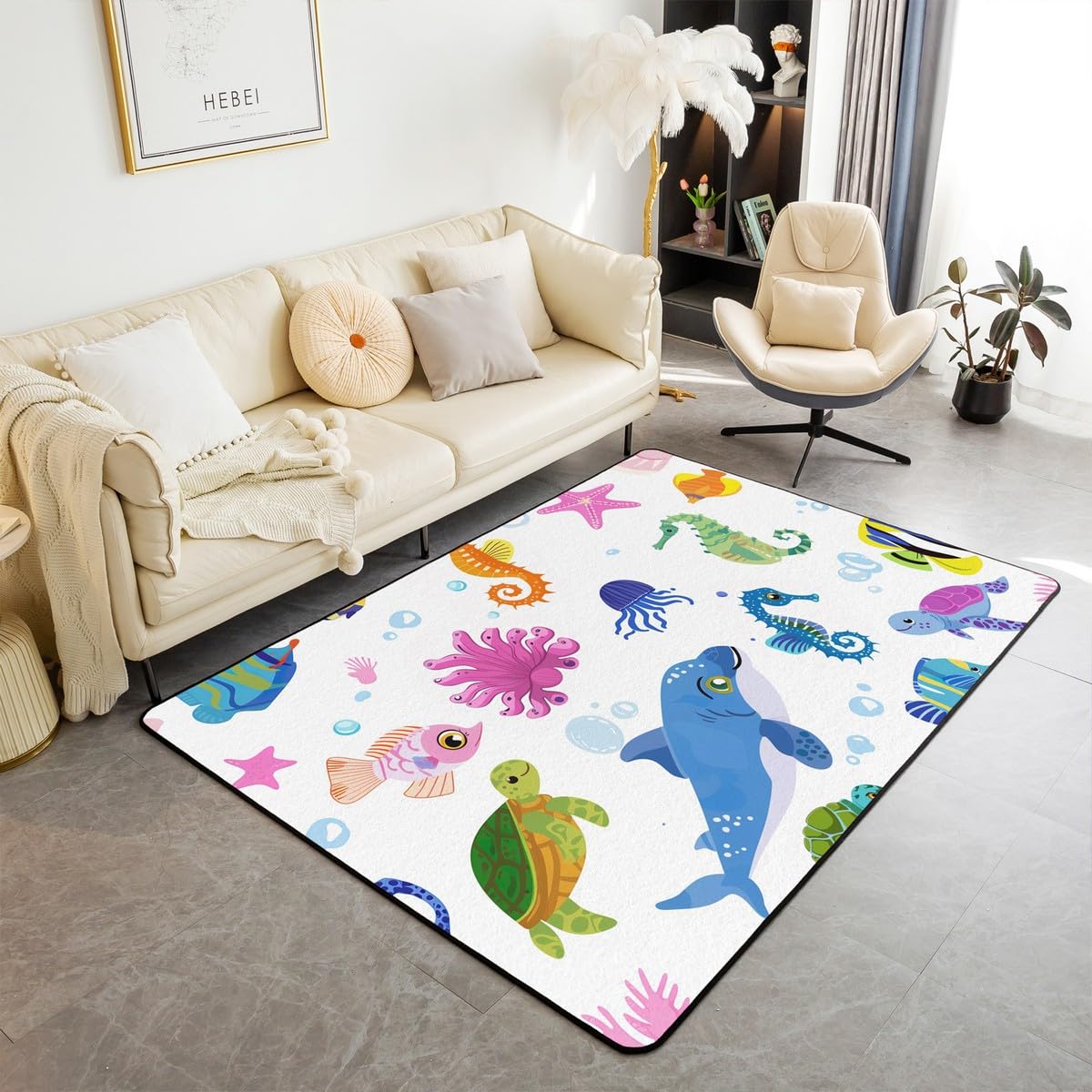 Erosebridal Nautical Sea Animal Living Room Rugs Sea Turtle Indoor Floor Mat 5x7,Jellyfish Dolphin Carpet Octopus Seahorse Area Rug,Cartoon Ocean