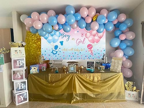 Miniatura 6 de Avezano Telón de fondo de revelación de género para niño o niña, pancarta con estrellas azules y rosas y puntos, tema de globo, decoración de fiesta