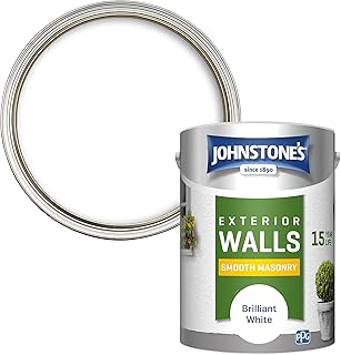 Johnstone\'s, Exterior Smooth Masonry Paint, Brilliant White, Up to 15 Years Protection, Weather & Dirt Resistant, 60m² Coverage Per Tin, Dry in 1-2 Hours, 5L