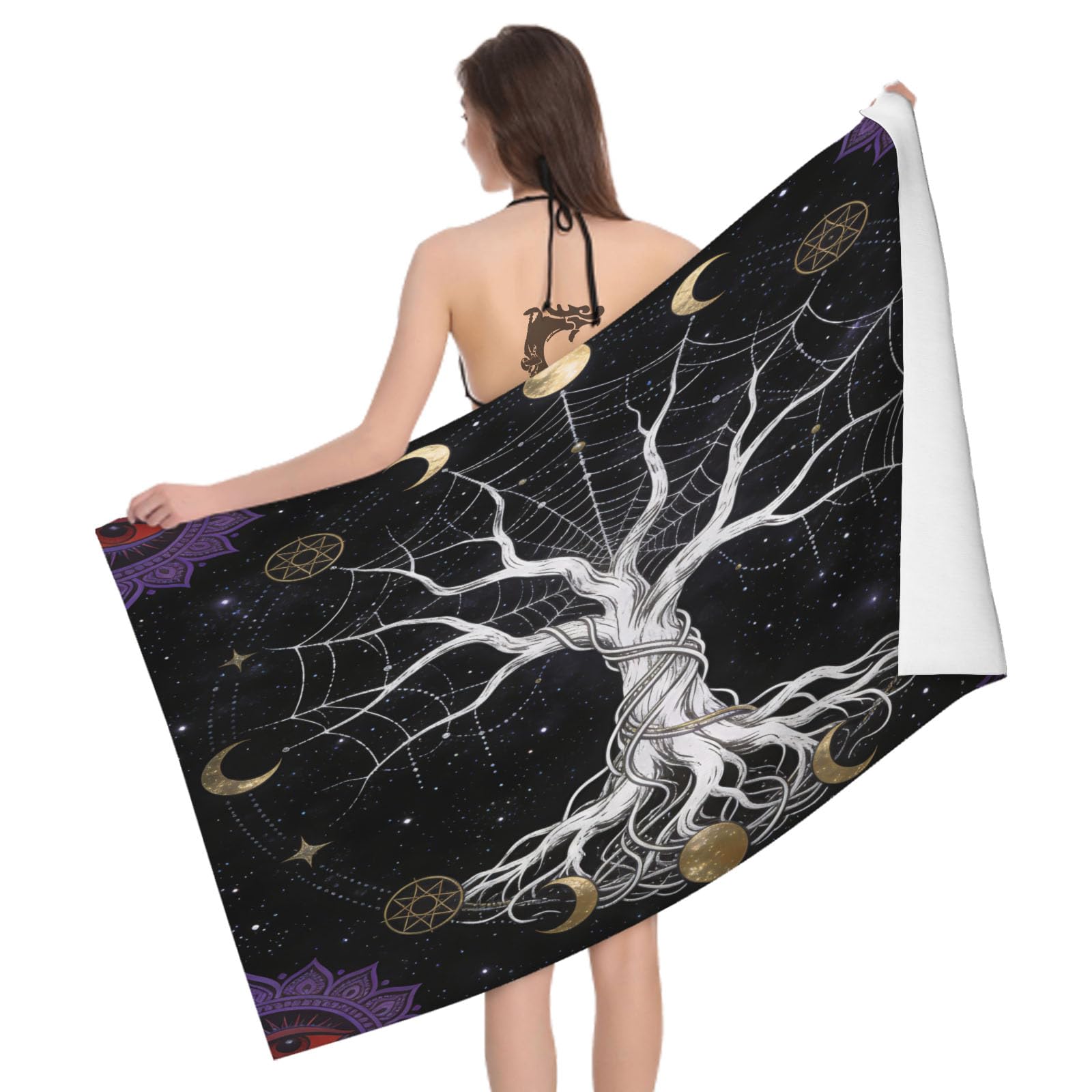 Leichong 3D Mystical Tree Beach Towel Microfiber Soft Quick Dry for Adults, Occultism Bath Towel Lightweight Soft Absorbent for Travel Swimming Pool Sports, 75 x 150 cm
