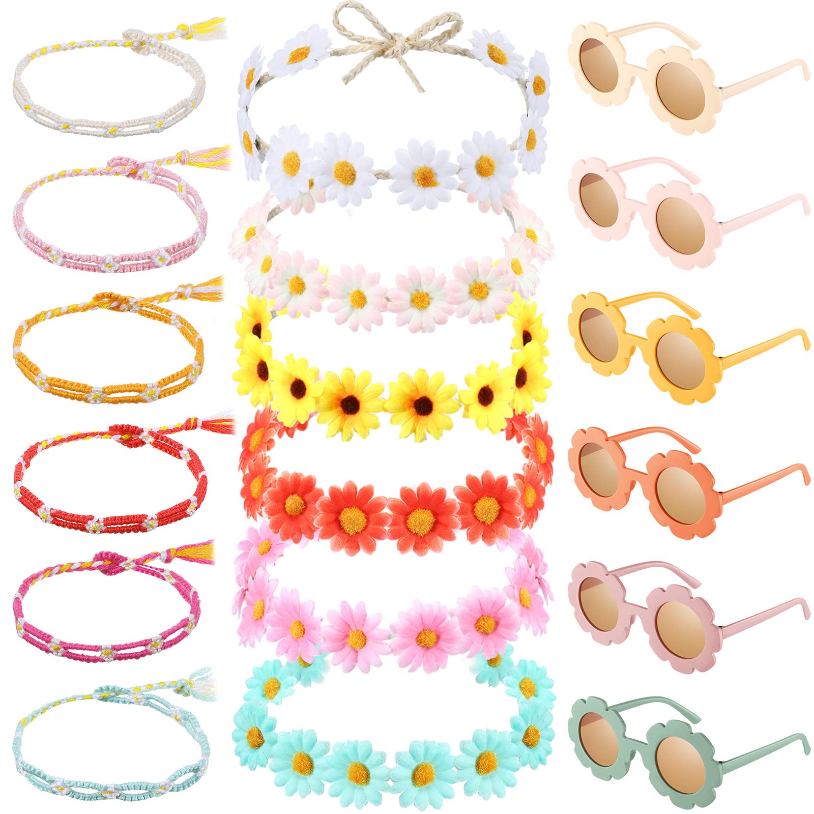 18 Pieces Hippie Groovy Retro Party Costume Accessories Set Include 6 Round Hippie Sunglasses 6 Daisy Flower Headbands and 6 Multicolor Hippie Bracelets for Girls 60s Party Favor Decorations Gifts