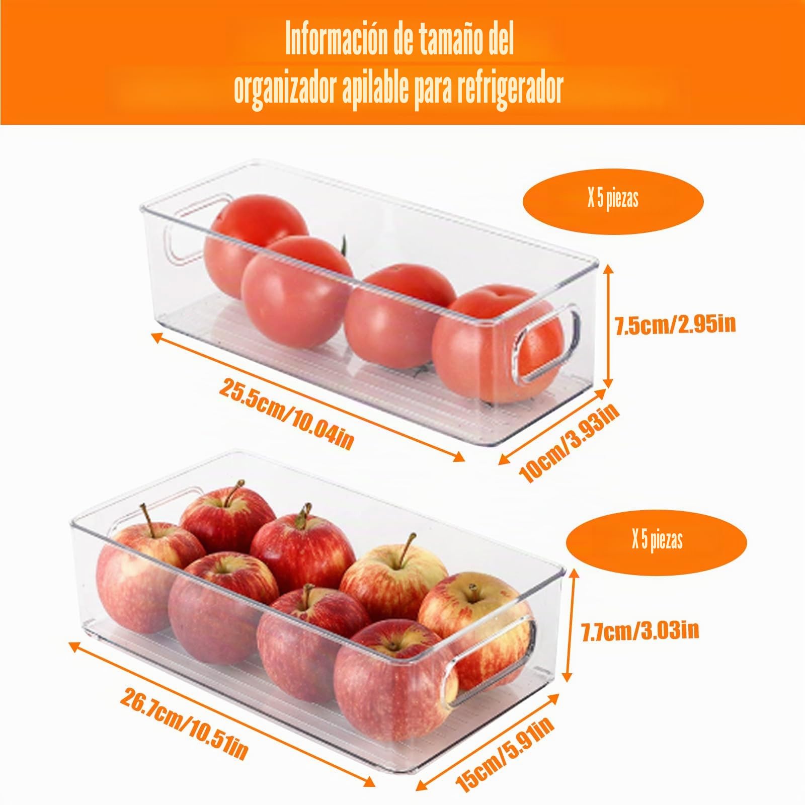 6Pcs Organizador Nevera con Asa, Caja Almacenamiento Cocina Apilables & Transparente, Contenedores para Cosméticos & Material Oficina, Cajas Frigorifico para Despensa, Encimeras,Refrigerador,Armarios