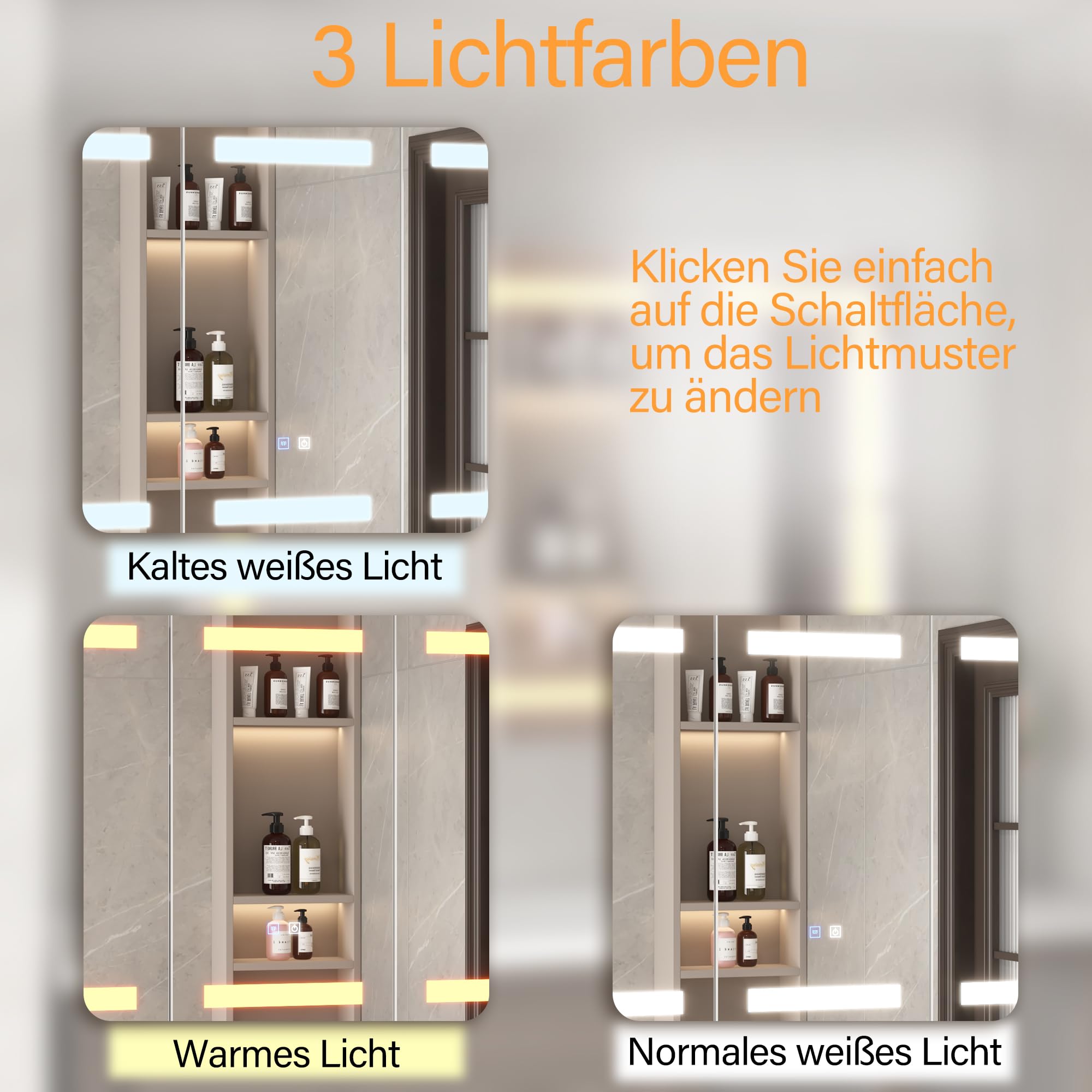 Caldion Spiegelschrank 120cm Bad mit 3 LED-Beleuchtung Entfogging-Funktion Badezimmerschrank mit 3 Spiegel Badschrank hängend mit Ablagen Wandschrank mit Glastüren 120x13x90cm Weiß
