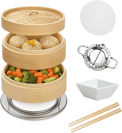 Bamboo Steamer 10 Inch 2-Tier Dumpling Steam & Food Basket, Chinese Bamboo Steamer for Cooking Dim Sum, Momo, Rice - Bao Bun Basket with 4 Chopsticks, Sauce Dish, Reusable Liners & Ring Adapter