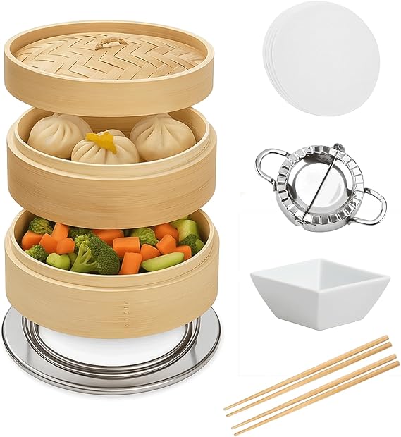 Bamboo Steamer 10 Inch 2-Tier Dumpling Steam & Food Basket, Chinese Bamboo Steamer for Cooking Dim Sum, Momo, Rice - Bao Bun Basket with 4 Chopsticks, Sauce Dish, Reusable Liners & Ring Adapter
