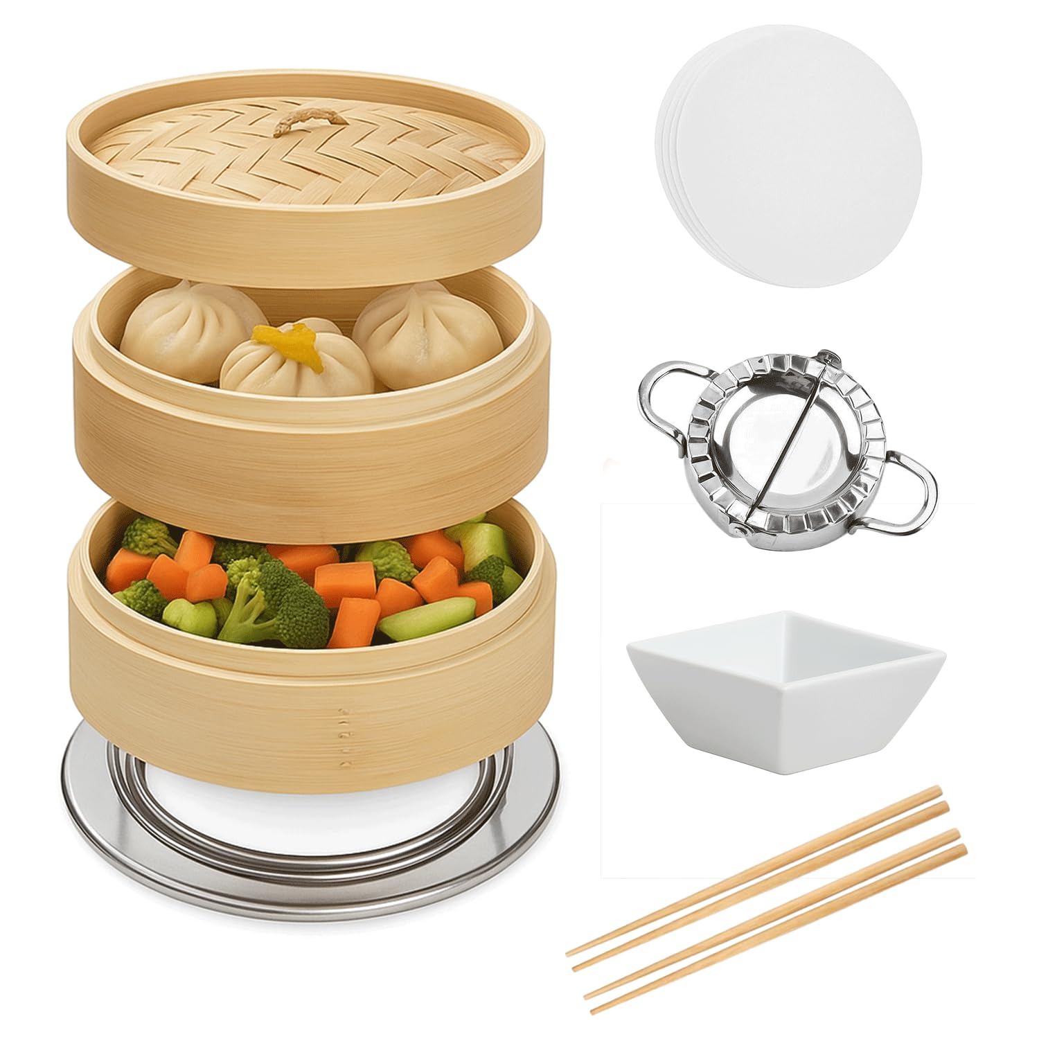 Bamboo Steamer 10 Inch 2-Tier Dumpling Steam & Food Basket, Chinese Bamboo Steamer for Cooking Dim Sum, Momo, Rice - Bao Bun Basket with 4 Chopsticks, Sauce Dish, Reusable Liners & Ring Adapter