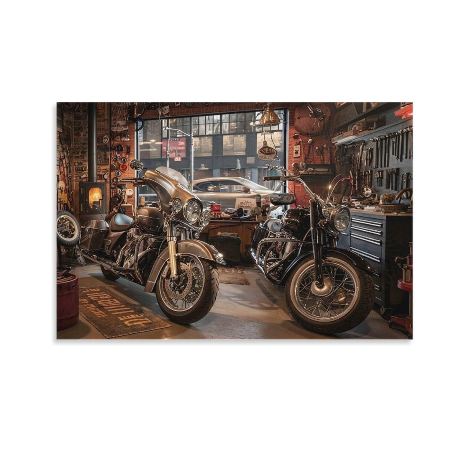 CPLVKWRQJ Vintage Motorcycle Garage Single Piece Motorcycles in Vintage Garage Canvas Wall Decor - Office Canvas Print Fade Resistant Wall Focal Art Decor 20x30inch(50x75cm)
