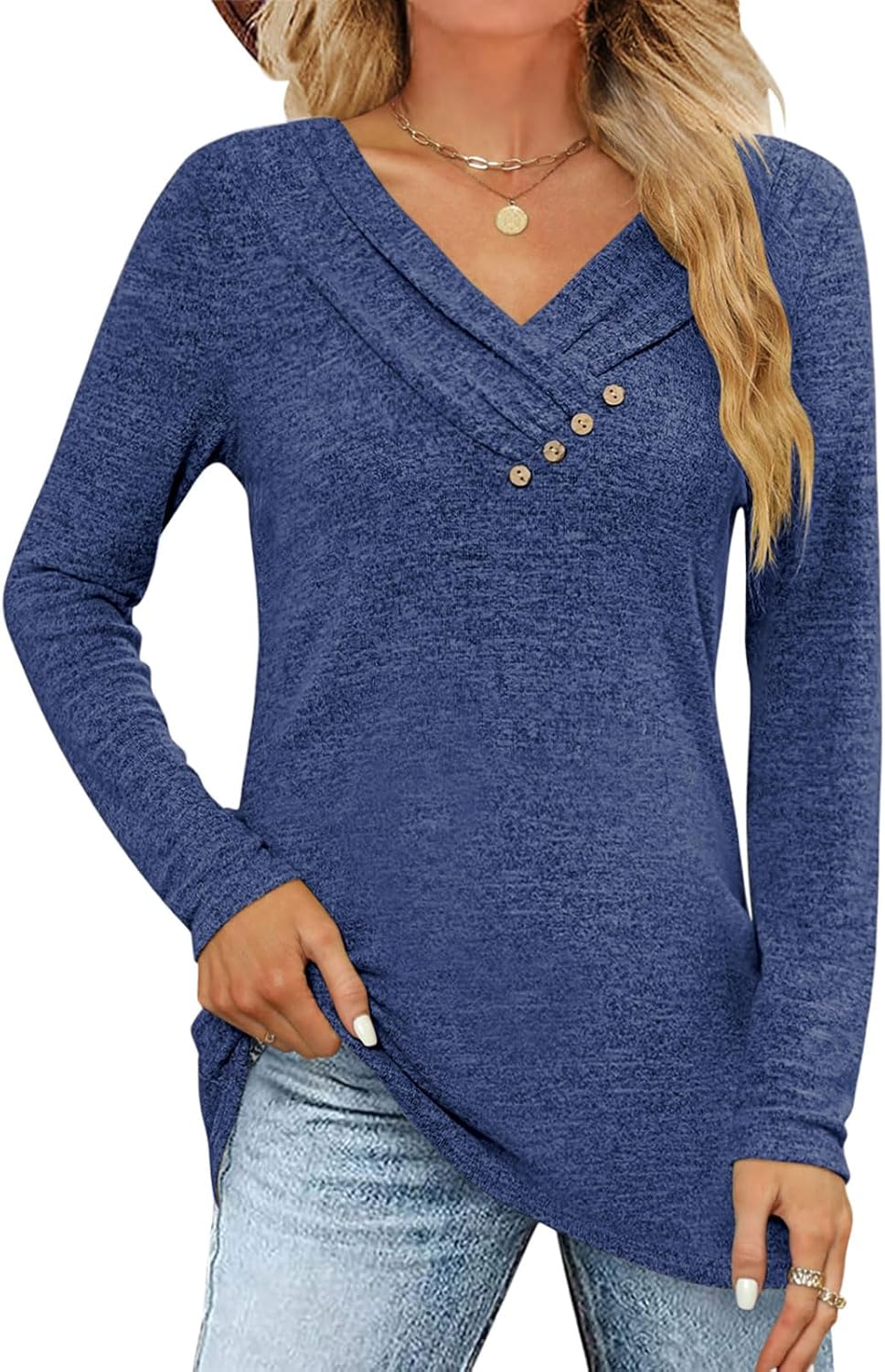 Women’s Fall Long Sleeve Tunic Tops for Leggings V Neck Button Casual Blouse Sweatshirt