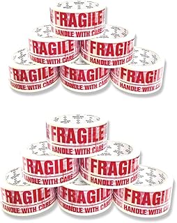 BARGAIN FACTORY Fragile Packing Tape | 12 Rolls Per Pack | Ideal as Fragile Tape Roll,Tape Pack, Heavy Duty Tape, Packing Tape for Moving House, Box Tape (Pack of 12)