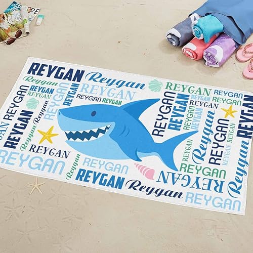 Miniatura 7 de Toallas de playa personalizadas con diseño de tiburón para niños y adultos, toalla de playa con nombre personalizado para niños y niñas, toalla de