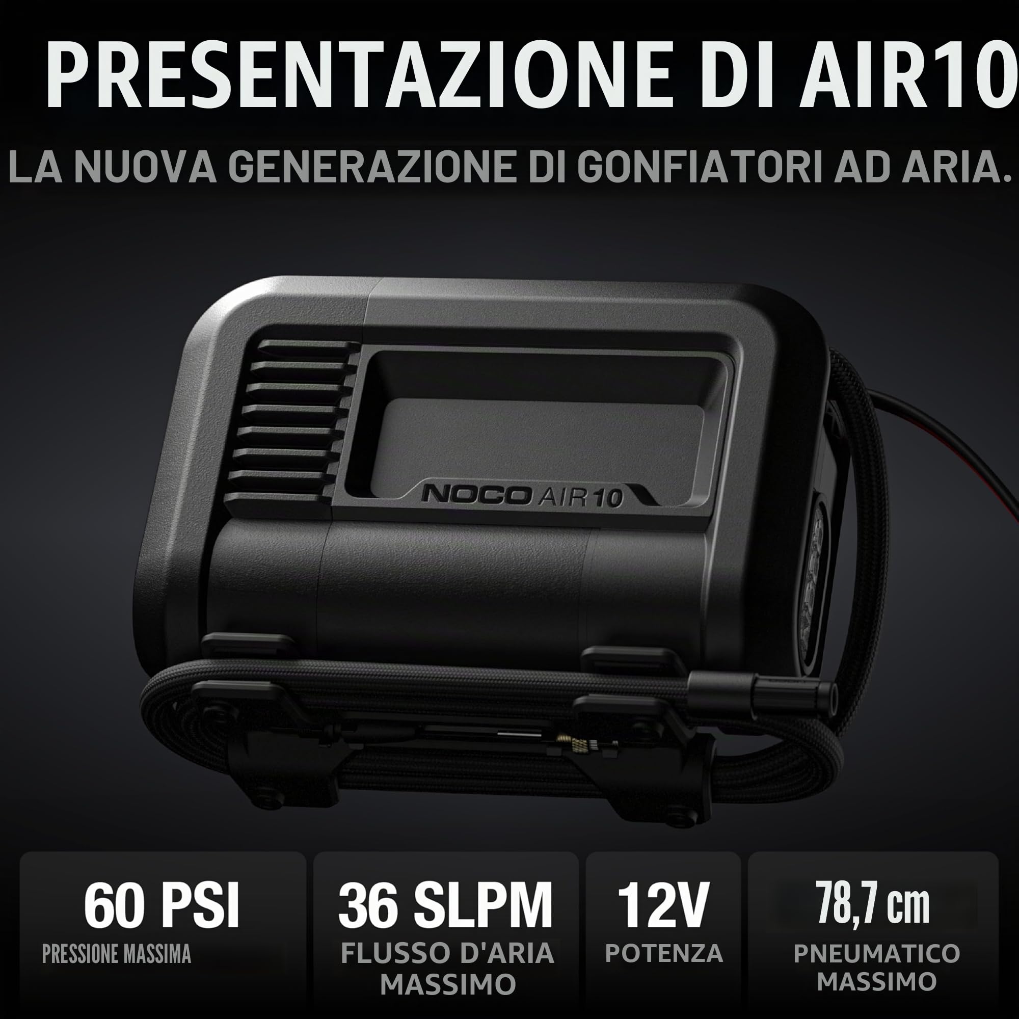 NOCO AIR10: Gonfiatore per Pneumatici da 10A – Compressore d’Aria Portatile 12V – Portata 36 SLPM, da 0 a 40 PSI in 3,8 Minuti – Manometro Digitale + Spegnimento Automatico