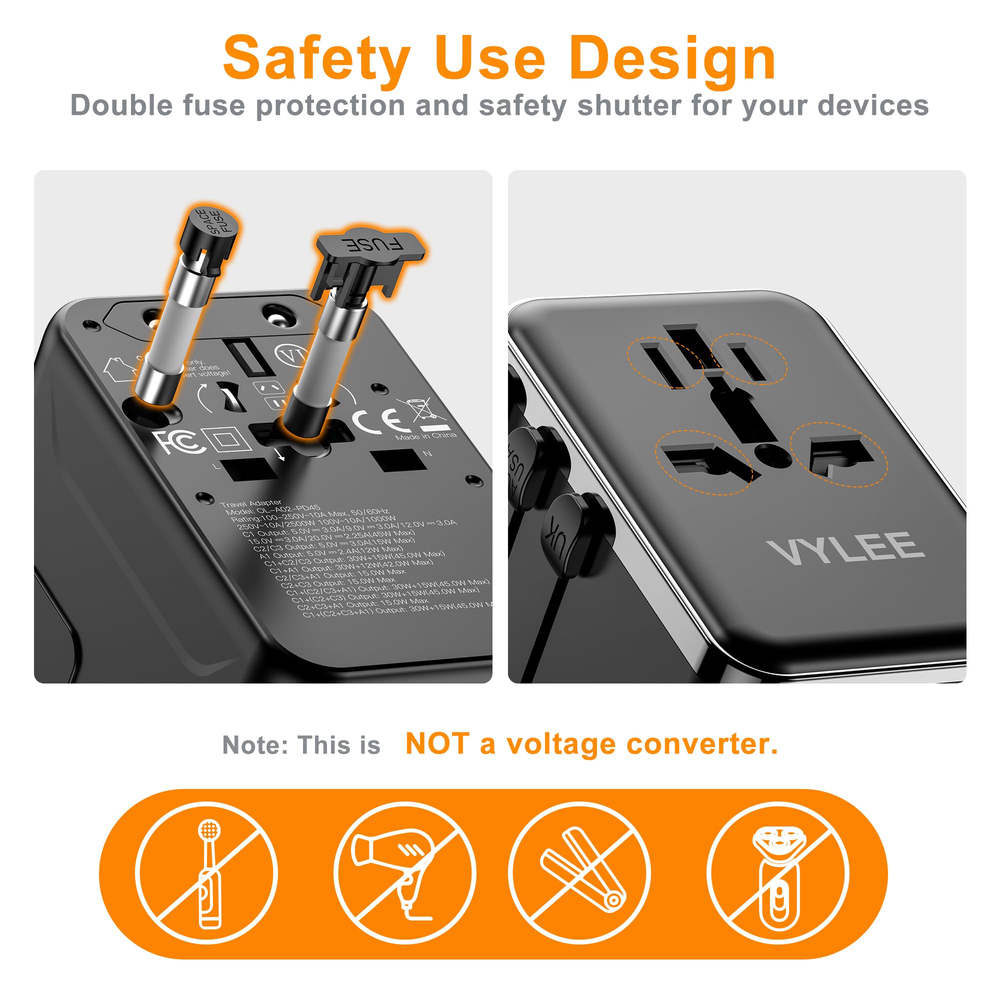 Universal Travel Adapter VYLEE 45W International Plug Adapter with PD Fast Charging 5-Port 1 AC 1 USB-A 3 — view 7