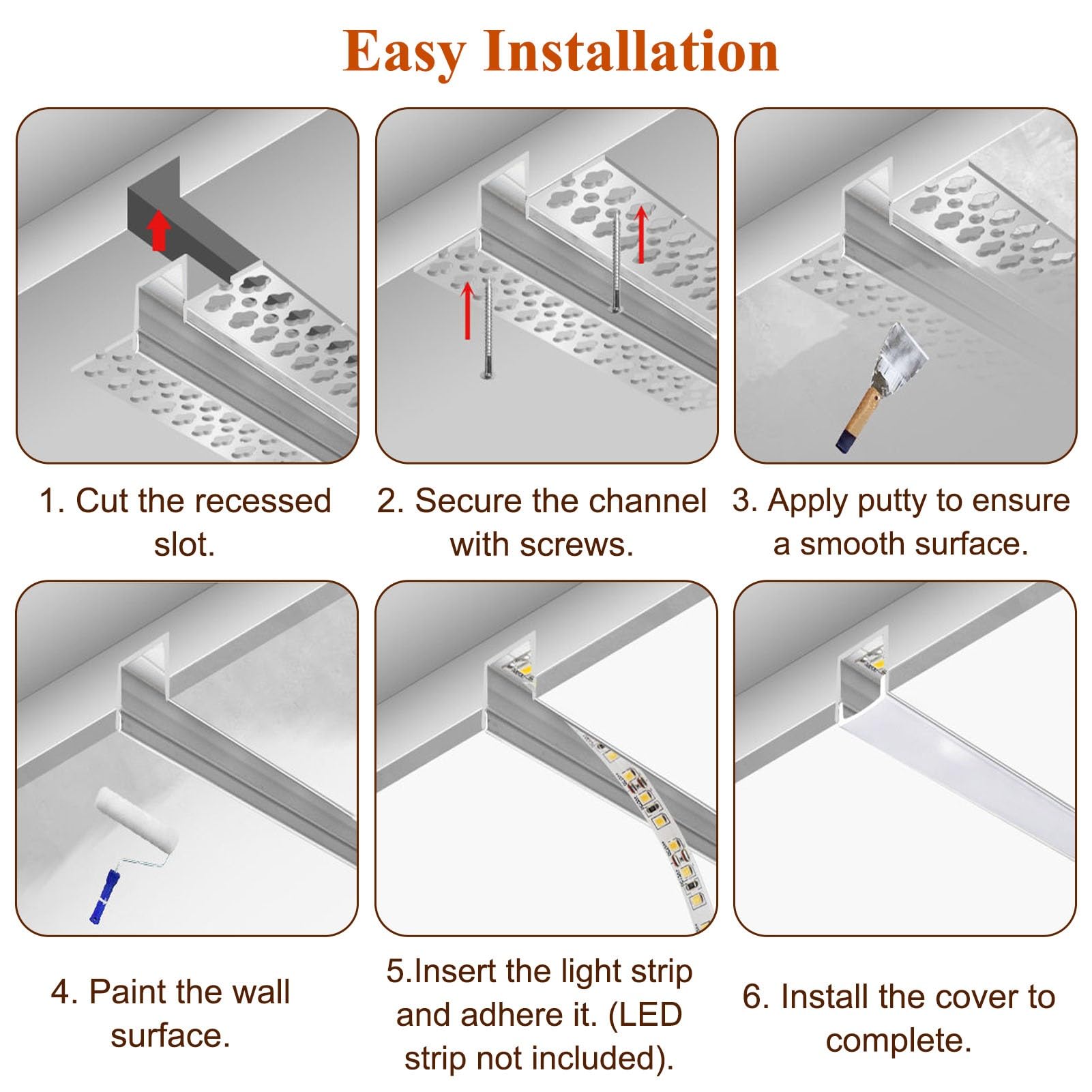 Striscia luminosa pieghevole con diffusore lattiginoso, canale in alluminio da incasso per modanatura curva flessibile a parete e soffitto, lunghezza 2 m