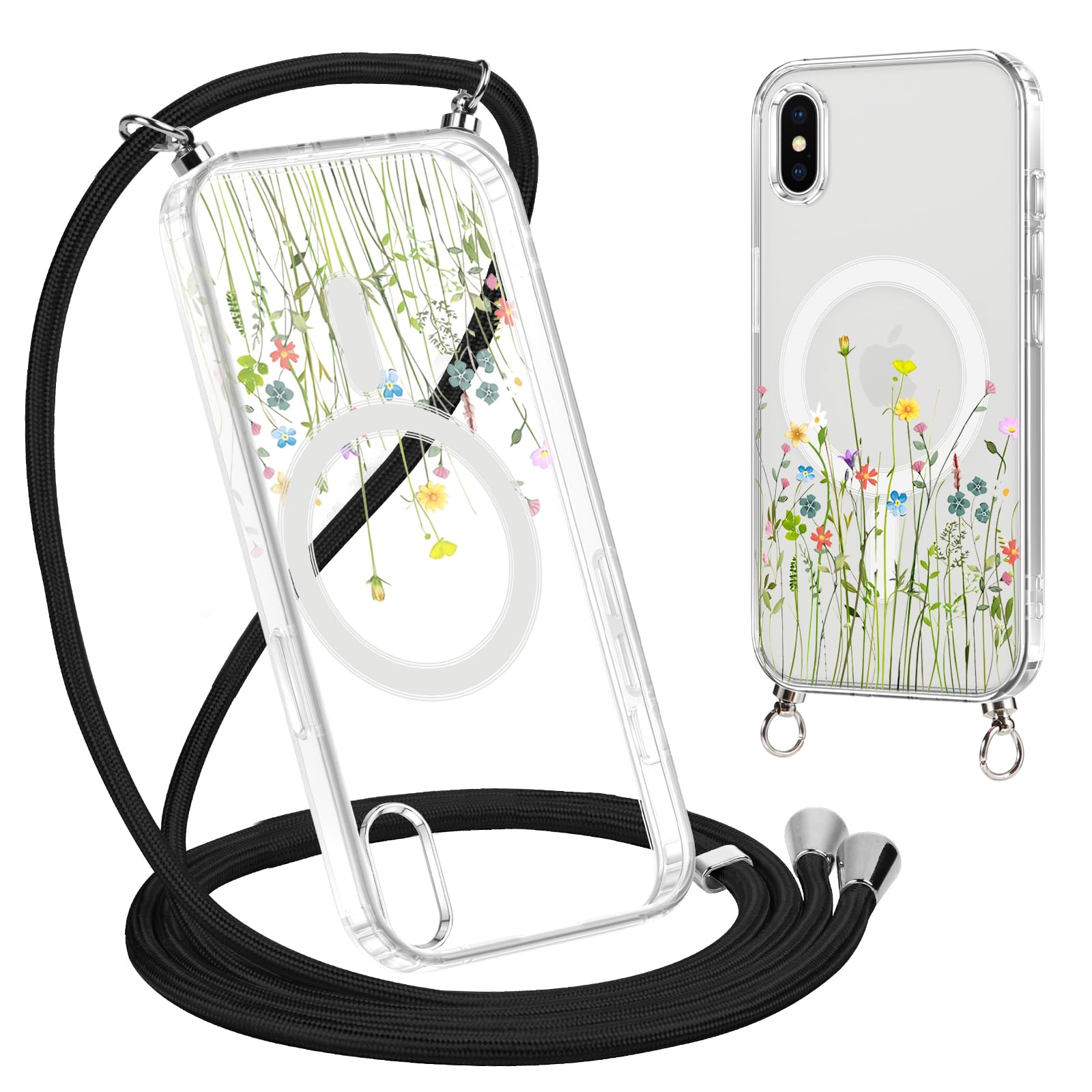 Custodia Per IPhone X/XS Con Cordino E Collana Regolabile – Design Fiore In TPU Morbido Antiurto – Rosa