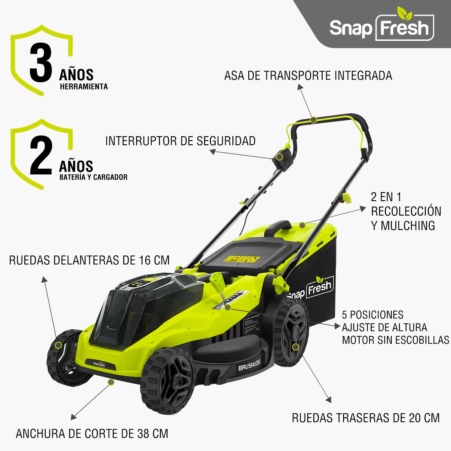 SnapFresh Cortacésped a batería inalámbrico (40V, 38cm Ancho de Corte, Brushless, 45L Bolsa recolectora, 25-75 mm Altura de Corte, con 2 x 20V x 4,0 Ah batería y Cargador)