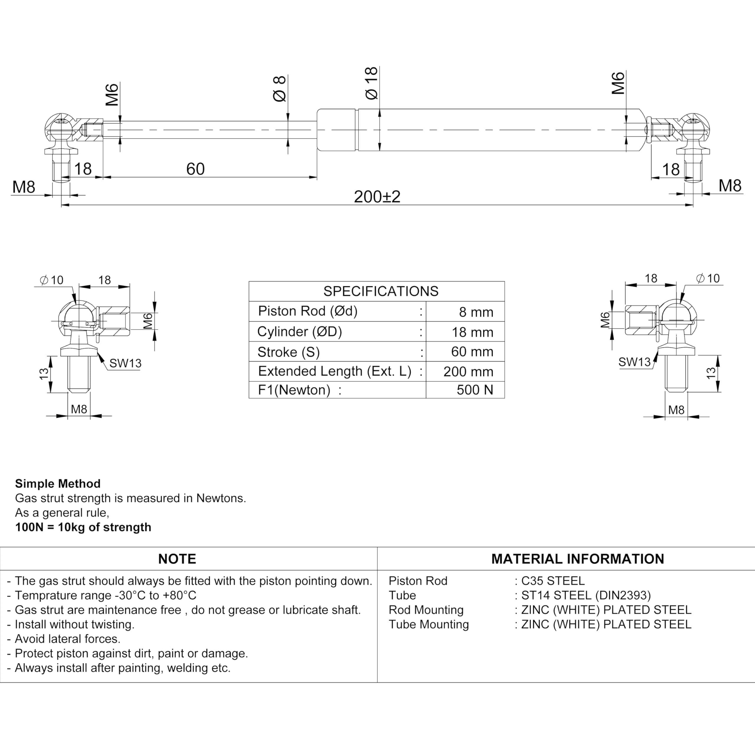 Universal Gas Struts Spring Ball Joint | 100-1000 Newton | Length Options 200 mm to 900 mm | Heavy-Duty | Lift Support System (200MM, 500 N) — view 2