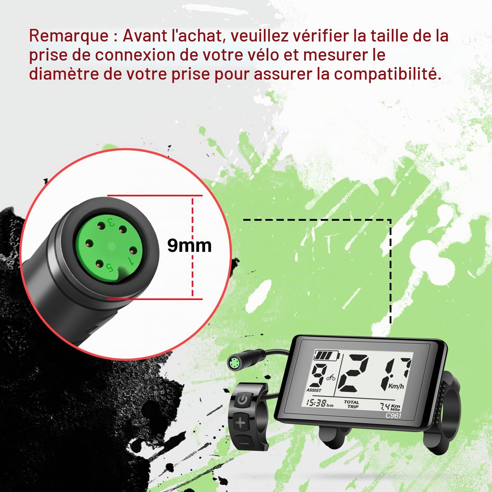 Écran de vélo électrique Femelle à 5 Broches pour Moteur Bafang | BBS01B/02B BBS HD, Compteur vitesse vélo électrique, C961, Protocole UART, IPX5, rétroéclairage auto, 9 niveaux assistance