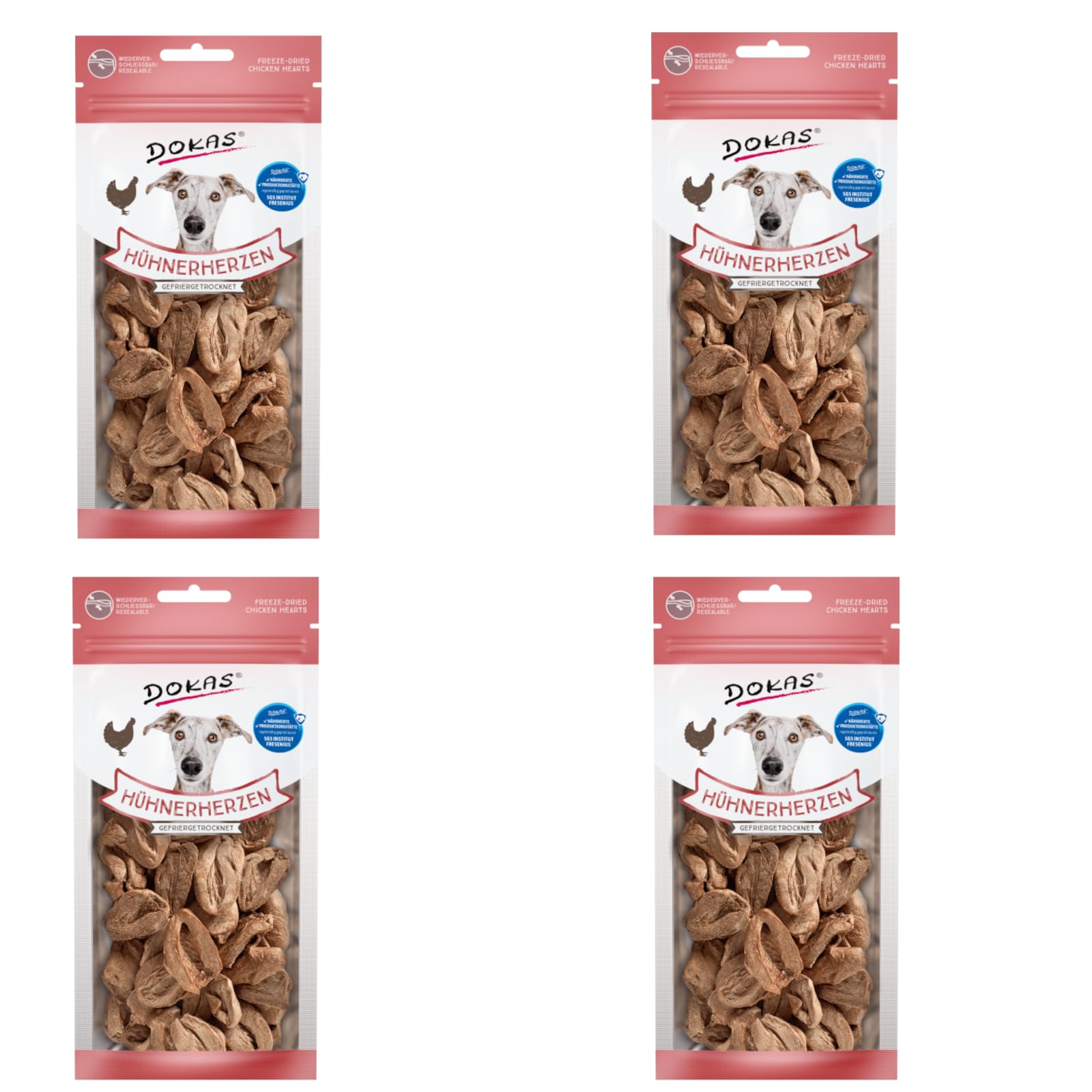 Dokas cuori di pollo liofilizzati | Confezione da 4 | 4 x 22 g | Alimento complementare per cani | Può favorire la masticazione naturale e completare l'alimentazione quotidiana