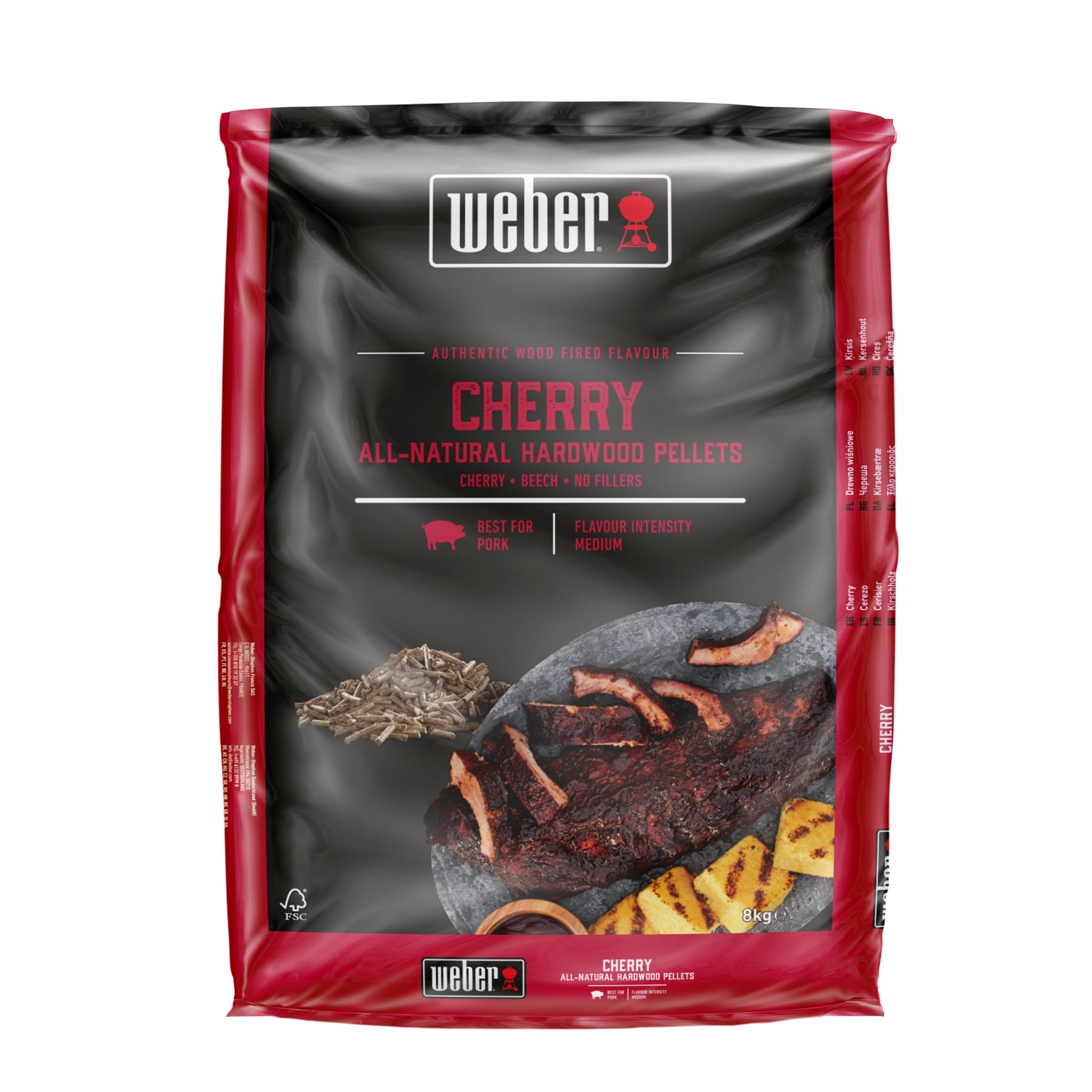 Weber Pellet di legno duro di ciliegio/legno naturale di ciliegio per barbecue a pellet con un sapore delicato, fruttato, dolce e affumicato, senza riempitivi, per cotture lente, sacchetto da 8 kg