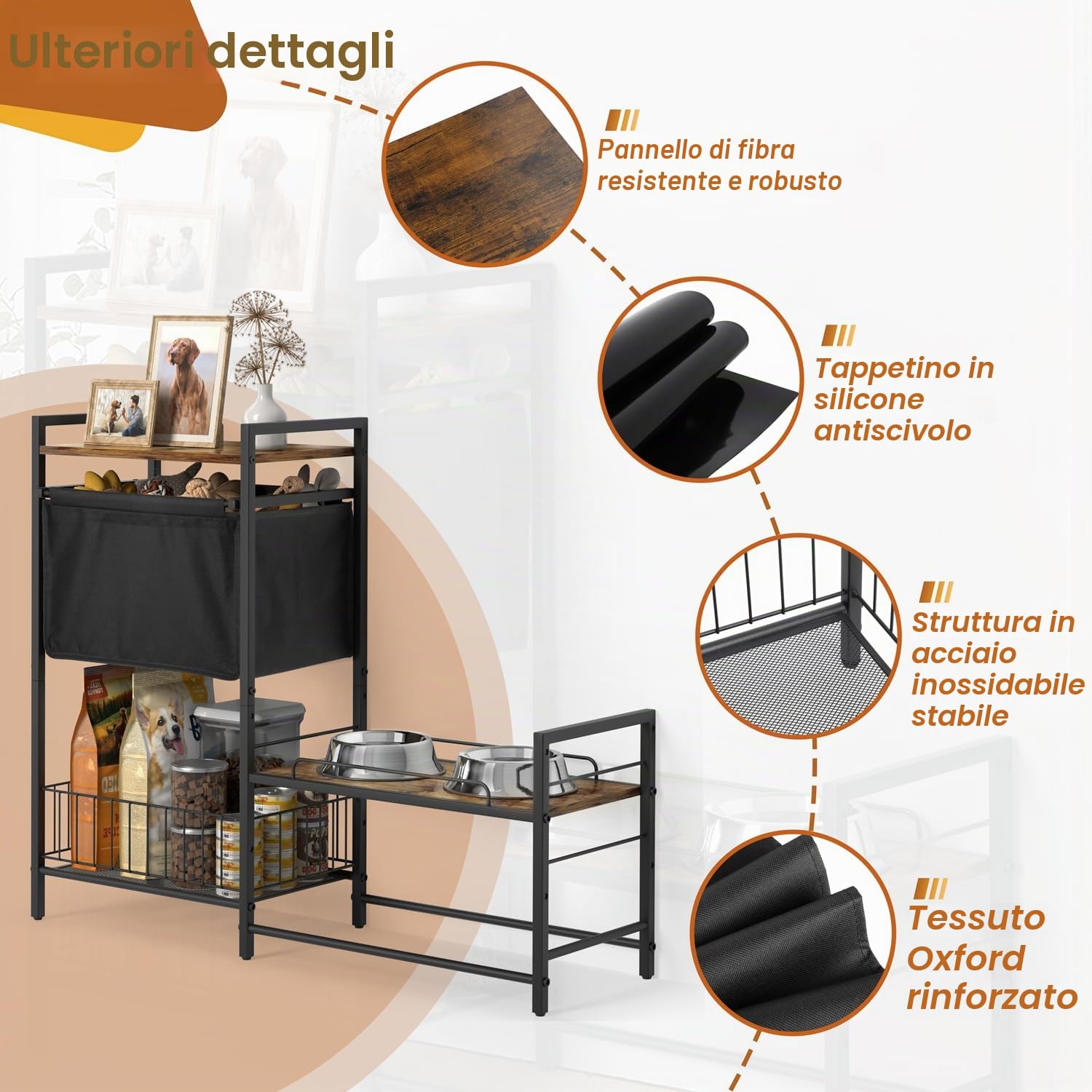 Bikoney Supporto Rialzato per Ciotole Cani con Cestino, Solo Supporto | Altezza Regolabile per Postura Corretta, Cestino Salvaspazio, per Cani Medi e Grandi, Struttura Stabile
