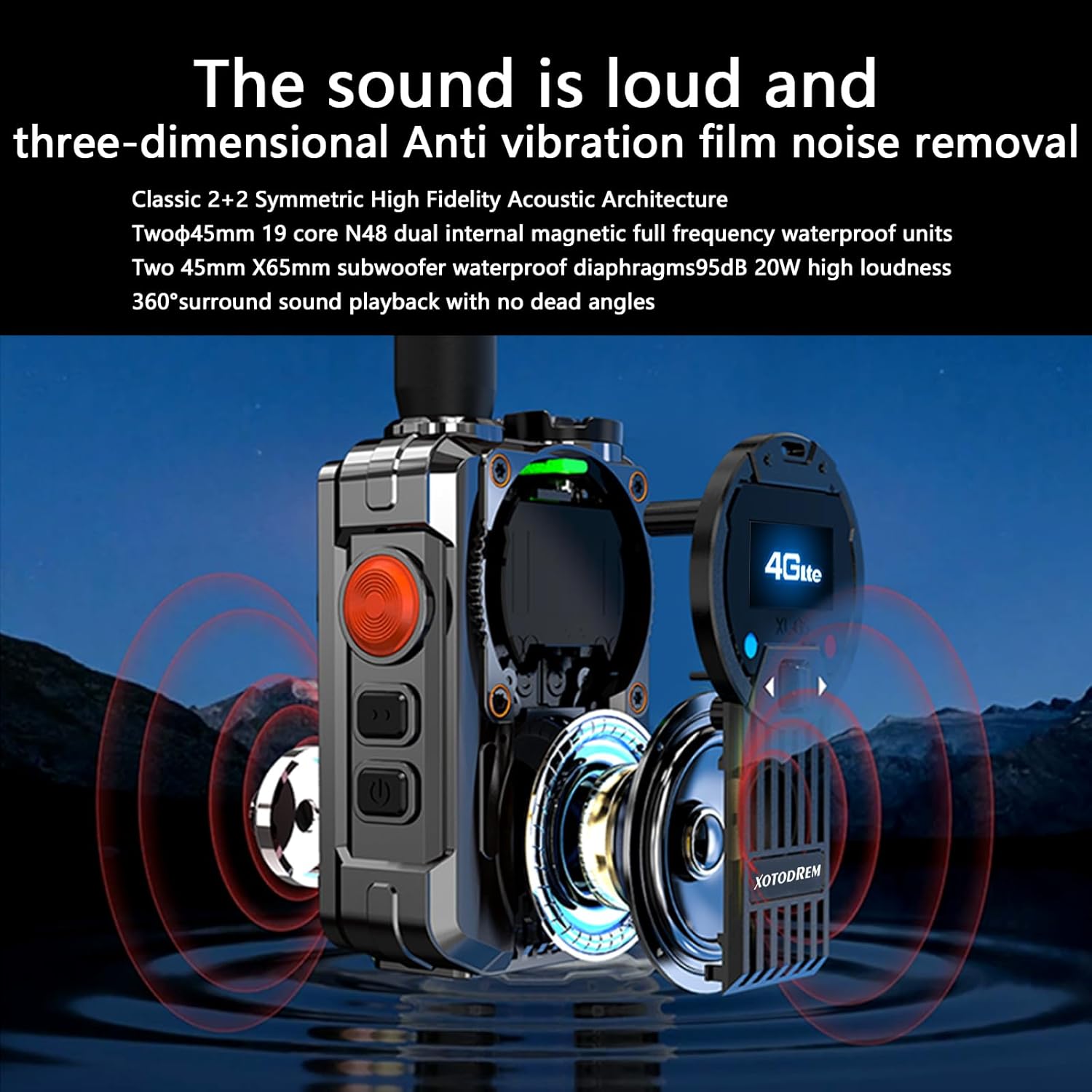 Image depicting the SOS flashing light feature of the XOTODREM-M66 walkie talkie, showing its three flashlight gears and the red, green, blue mayday light flashing.