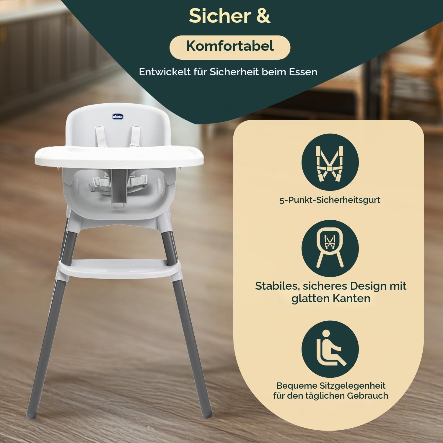 Chicco Zest Kinderhochstuhl für Babys ab 6 Monaten bis 40kg, Leichter Hochstuhl mit verstellbarer Höhe und abnehmbarem Tablett, 5-Punkt-Gürtel, wiegt nur 4,5 kg, Kompakt verstaubar, Modernes Design