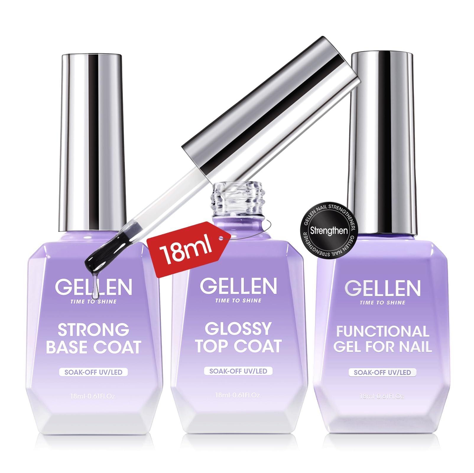 Gel Top Coat Base Coat with Nail Strengthener, 3 Pcs 18 ml No Wipe Glossy Top Coat Set for Gel Nail Polish, Soak Off Base Coat Hardener Care for Thin Weak Nails Salon Manicure