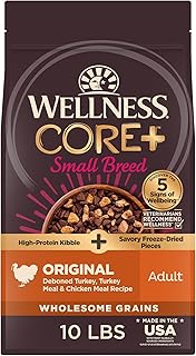 Wellness CORE+ Dry Dog Food with Freeze Dried Pieces, Small Breed, Wholesome Grains, High Protein, Natural, Original Turkey & Chicken Recipe, (10-Pound Bag)
