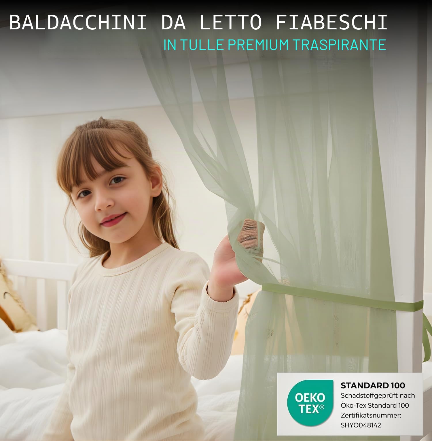 ALAVYA HOME® Set di 4 decorazioni per letto di casa, con 2 baldacchini, 1 bandierine, lunghezza 300 cm, per lettino, cameretta dei bambini, bandierine, 100% cotone biologico, 150 x 350 cm, con catena