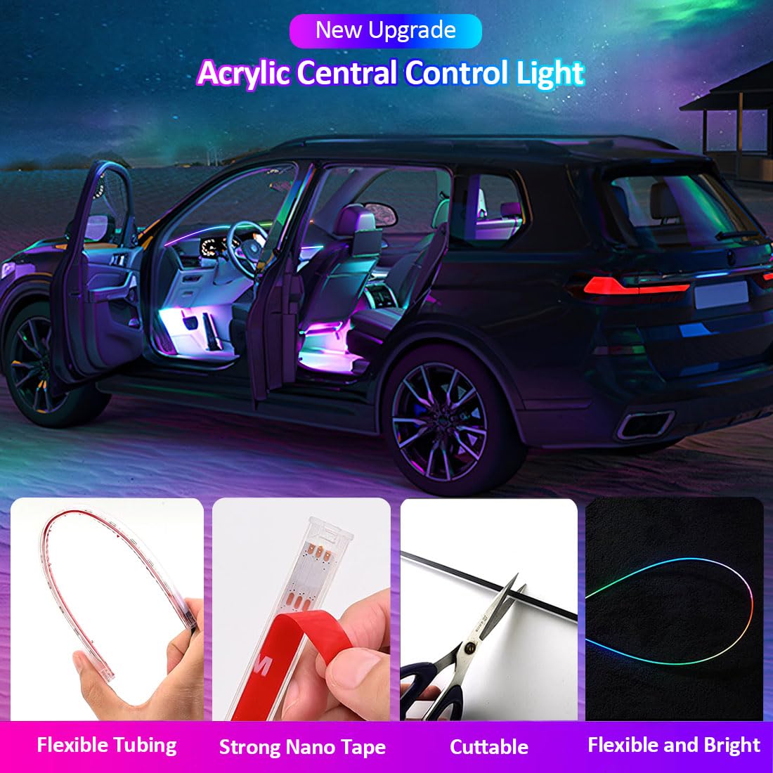 Striscia LED interna per auto con controllo tramite app,Kit di illuminazione ambientale al neon RGB 6 in 1,Striscia LED sotto il cruscotto e nel vano piedi con sincronizzazione musicale