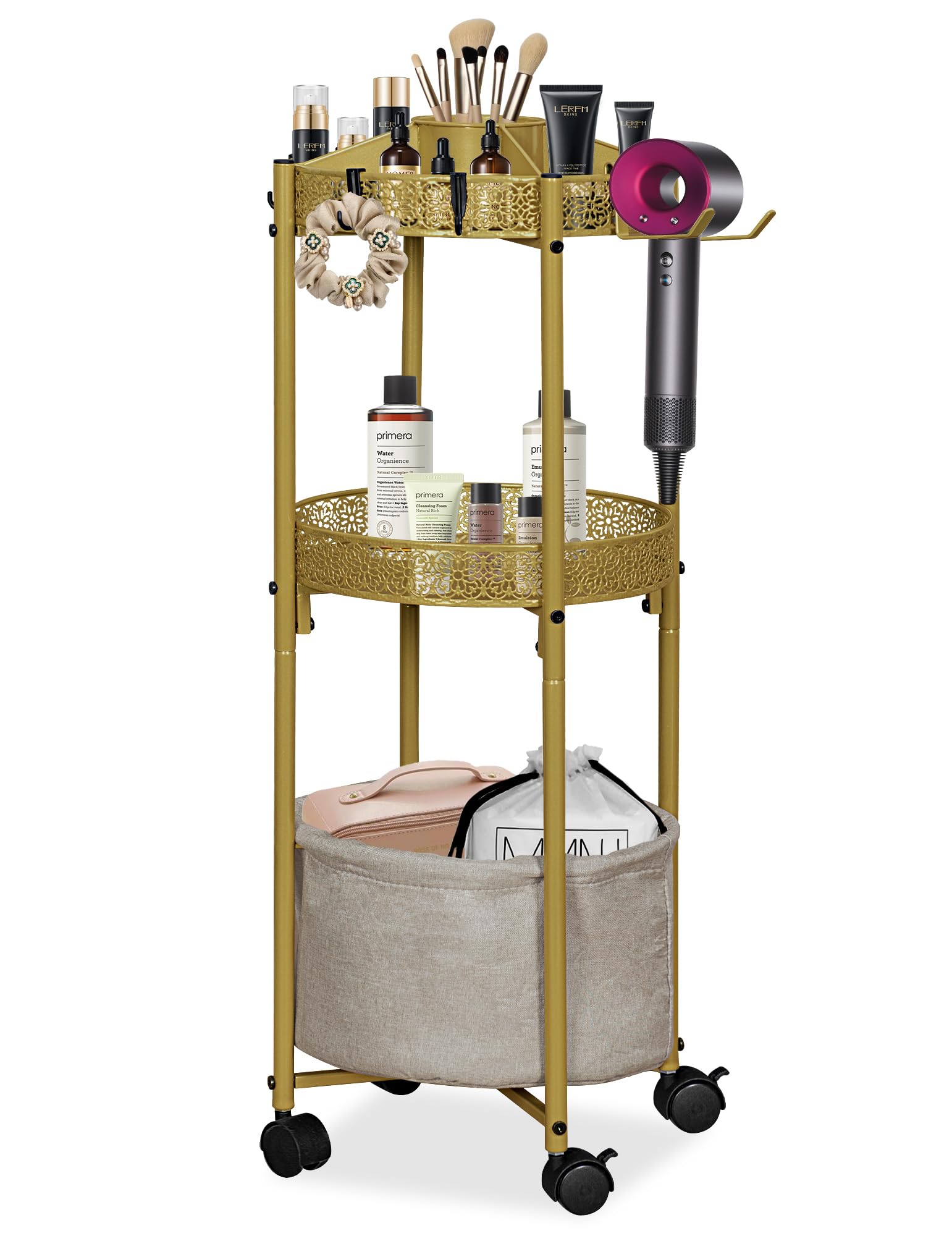 NauwaBarn 3-Tier Rolling Makeup Organizer Cart with Hair Dryer Holder - Salon-Grade Cosmetic Organizer, Mobile Bathroom Storage Cart for Skincare, Makeup Essentials -Locking Wheels (Gold Finish)